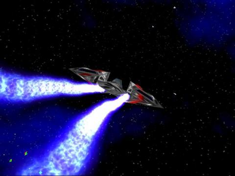 Image of a flying spacecraft, seen from behind.