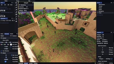 Screenshot of voxel world, with multiple agents, performing path finding