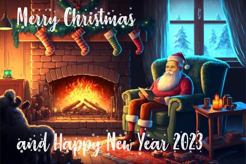 Christmas Card - showing Santa Claus (with Eduard Gröller's face) sitting on a comfortable chair close to a fireplace with a burning log fire. On top of the fireplace, there are four socks. To the right, you can see snowy trees through a window.