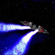 Image of a flying spacecraft, seen from behind.